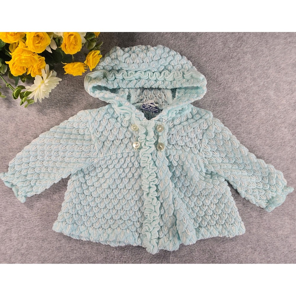 Vintage 80s Baby Blue Knit Hooded Cardigan Ruffle Trim Size 0-9m Retro Coquette
